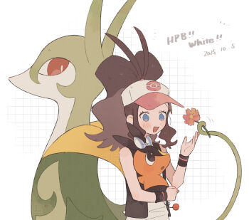 Rule 34 | 1girl, baseball cap, black vest, blue eyes, blush, breasts, brown hair, closed mouth, commentary request, flower, gen 5 pokemon, hat, high ponytail, highres, hilda (pokemon), hime (himetya105), holding, holding pokemon, long hair, nintendo, open clothes, open mouth, open vest, plant, poke ball print, pokemon, pokemon (creature), pokemon bw, ponytail, red eyes, serperior, shirt, sidelocks, simple background, smile, snake, tepig, vest, vines, white shirt, wristband