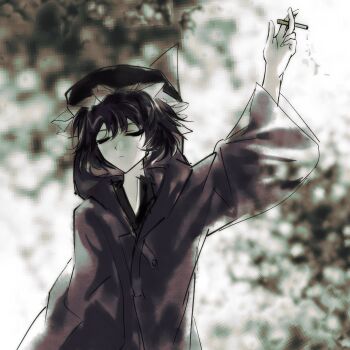 1other androgynous between_fingers black_hair black_hat black_shirt chinese_commentary cigarette closed_eyes closed_mouth collared_shirt commentary day detached_hood english_commentary expressionless frilled_headwear hair_between_eyes hat high_collar highres holding holding_cigarette hood hood_down hooded_jacket jacket len&#039;en light_frown long_sleeves mixed-language_commentary mob_cap other_focus outdoors outstretched_arm purple_jacket shade shirt shitodo_kuroji short_hair sky solo tree triangular_headpiece upper_body white_sky wide_sleeves yancao_(pixiv_103434280) zipper