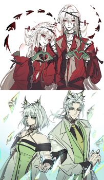 2boys 2girls aaa_shenmi_zuo_fan_ren absurdres animal_ears aqua_background arknights armband ascot bare_shoulders belt belt_collar black_armband black_ascot black_belt black_choker black_shirt blunt_bangs blush brown_collar cat_boy cat_ears cat_girl chinese_commentary choker closed_mouth clothing_cutout collar collarbone collared_shirt criss-cross_halter cross-laced_clothes cross-laced_cutout cross-laced_top curtained_hair detached_collar detached_sleeves dress dual_persona expressionless fish flying_fish four-finger_heart_hands genderswap genderswap_(ftm) gloves gradient_background green_dress green_eyes green_gloves green_vest hair_between_eyes hair_flowing_over hair_intakes hair_ornament hair_stick halter_dress halterneck head_on_another's_shoulder head_wreath heart heart_hands highres jacket jewelry kal'tsit_(arknights) long_hair long_sleeves looking_at_viewer low_ponytail material_growth medium_hair multiple_boys multiple_girls navel_cutout necktie off-shoulder_jacket off_shoulder official_alternate_costume open_clothes open_jacket oripathy_lesion_(arknights) outstretched_hand pale_skin parted_bangs parted_lips ponytail red_dress red_eyes red_shirt ring see-through_clothes see-through_sleeves shards shirt short_hair shoulder_cutout side-by-side sidelocks sideways_glance simple_background skadi_(arknights) skadi_the_corrupting_heart_(arknights) sleeve_cuffs sleeveless sleeveless_dress smile split_screen tie_clip very_long_hair vest white_background white_hair white_jacket yellow_necktie