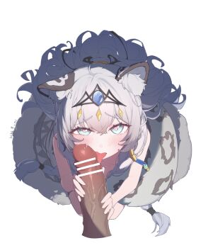 1girl absurdres aged_down ahoge animal_ear_fluff animal_ears arknights bar_censor blue_eyes blush breasts censored dark_skin disembodied_penis fellatio from_side grabbing_another's_penis grey_hair heart heart-shaped_pupils highres large_penis licking licking_penis loli looking_at_viewer mo_xin_(hpfx2784) nude oral penis pointless_censoring pramanix_(arknights) simple_background sitting small_breasts snow_leopard_ears snow_leopard_girl snow_leopard_tail solo_focus symbol-shaped_pupils tail tiara tongue tongue_out transparent_background