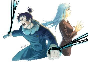 Rule 34 | 1boy, 1girl, black hair, blue hair, commentary request, cowboy shot, cursed energy (jujutsu kaisen), fighting stance, formal clothes, gakuran, jujutsu kaisen, jujutsu tech uniform, long hair, miwa kasumi, muta kokichi, open clothes, own hands together, scar, scar on face, school uniform, short hair, signature, suit, sweat, teeth, topknot, white background, yuto (yut0x0)