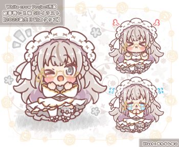 Rule 34 | > <, > o, 1girl, :<, :i, ;d, blush stickers, braid, brown-framed eyewear, character request, chibi, closed eyes, closed mouth, commentary request, crying, dress, flying sweatdrops, glasses, grey eyes, grey hair, highres, long hair, long sleeves, mitarashi neko, multiple views, notice lines, one eye closed, open mouth, parted lips, semi-rimless eyewear, smile, streaming tears, tears, translation request, triangle mouth, under-rim eyewear, very long hair, virtual youtuber, white background, white crow project, white dress, wide sleeves