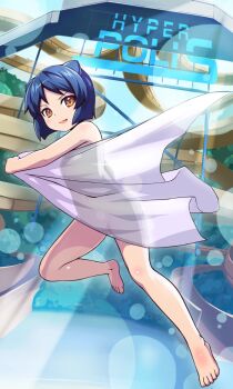 1girl akaga_hirotaka animal_ears aq_interactive arcana_heart artist_request bare_legs barefoot blue_hair breasts brown_eyes covered_navel daidouji_kira day female_focus full_body highres holding holding_towel jumping looking_at_viewer naked_towel official_art shiny_skin short_hair small_breasts smile solo thighs towel