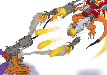 Rule 34 | claw pose, claws, cyborg, digimon, digimon (creature), dinosaur, errork03, fighting, firing, gun, handgun, highres, holding, holding gun, holding weapon, metalgreymon, missile, revolver, rizegreymon, rocket launcher, signature, weapon, white background