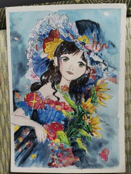 1girl absurdres argyle_clothes argyle_sleeves bare_arms bare_shoulders black_hair blue_background blue_dress blue_hat border bouquet chinese_commentary commentary_request cowboy_shot detached_sleeves dress dress_flower expressionless flower flower_necklace frilled_headwear frilled_sleeves frills green_eyes hair_flower hair_ornament hat hat_flower highres holding holding_bouquet infinity_nikki jewelry lipstick long_hair looking_at_viewer makeup muyoufan necklace nikki_(series) nostrils painting_(medium) parted_bangs parted_lips photo_(medium) pleated_dress puffy_short_sleeves puffy_sleeves red_flower red_lips red_sleeves short_sleeves sidelocks solo standing strapless strapless_dress stylist_(nikki) sunflower teeth traditional_media very_long_hair watercolor_(medium) wavy_hair white_border witch witch_hat yellow_flower