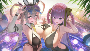 2girls absurdres animal_ears backlighting bare_shoulders bb_(fate) bb_dubai_(fate) beach black_dress black_one-piece_swimsuit blush bracelet braid braided_hair_rings breast_press breasts cleavage commentary_request detached_collar detached_sleeves dress eyewear_on_head fake_animal_ears fate/grand_order fate_(series) full_cleavage grey_hair hair_between_eyes hair_ornament hair_ribbon hair_rings hairclip highres huyan_zhuo_(fate) huyan_zhuo_(swimsuit_berserker)_(fate) innertube jewelry large_breasts long_hair looking_at_viewer low_twintails multiple_girls necklace necktie one-piece_swimsuit open_mouth plunging_neckline purple_eyes purple_hair ribbon shafurakafusha smile sunglasses swim_ring swimsuit twin_braids twintails very_long_hair wading water yellow_ribbon