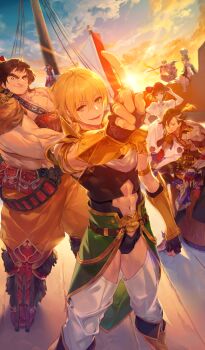 2girls 6+boys abs achilles_(fate) androgynous apollo_(fate) argonauts_(fate) arm_guards armlet armor atlantis_(fate/grand_order) barrel bartholomew_roberts_(fate) belt black_flower black_gloves black_hair black_hat black_leotard black_sash black_vest blonde_hair blue_sky boat boots breasts brown_belt brown_boots brown_eyes brown_hair bulge cape charlotte_corday_(fate) closed_mouth clothing_cutout cloud commentary dark-skinned_male dark_skin diffraction_spikes dress dress_flower dutch_angle elbow_gloves fate/grand_order fate_(series) figure_four_sitting fingerless_gloves flower gloves gold_armlet gold_armor green_cape green_eyes green_hair hair_between_eyes hand_on_headwear hat holding holding_polearm holding_weapon jason_(fate) jewelry kodama_(wa-ka-me) large_breasts leg_armor leotard looking_at_viewer male_focus mandricardo_(fate) mast medium_hair mochizuki_chiyome_(fate) mochizuki_chiyome_(second_ascension)_(fate) multicolored_hair multiple_boys multiple_girls muscular muscular_male navel navel_cutout official_art on_barrel on_boat on_head open_mouth orange_pants pants paris_(fate) pointing polearm red_gloves red_pants sailboat sash sheep shield shield_on_back shirt short_hair shoulder_armor shoulder_sash sitting sky smile spear squatting standing stuffed_animal stuffed_toy sun sunlight sunset super_orion_(fate) teeth thick_eyebrows thigh_cutout third-party_source toned toned_male topless_male two-tone_hair vest waist_cape watercraft weapon white_dress white_hair white_pants white_shirt