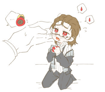 Rule 34 | ..., 1boy, 1other, absurdres, alternate costume, bags under eyes, beard stubble, begging, black-framed eyewear, black-framed glasses, black coat, black fire, black shoes, black suit, blush, brown hair, chibi, clock, coat, collared shirt, colored extremities, colored skin, crying, dante (limbus company), disembodied hand, drooling, facial hair, fire, flying sweatdrops, forehead, formal clothes, full body, glasses, gloves, gregor (project moon), hair slicked back, hand up, hands up, heart, heart-shaped pupils, high collar, highres, kneeling, la manchaland (identity) (project moon), lily26983455, limbus company, limited palette, long sleeves, male focus, mini person, miniboy, mouth drool, necktie, object head, off-shoulder coat, off shoulder, official alternate costume, open clothes, open mouth, out of frame, own hands clasped, own hands together, pants, pinstripe pattern, pleading eyes, project moon, red eyes, red hands, red skin, ribbed shirt, ribbon, saliva, scarf, seiza, semi-rimless eyewear, shirt, shoes, short hair, simple background, sitting, size difference, solo focus, speech bubble, spoken blood, spoken ellipsis, stole, striped clothes, striped scarf, striped shirt, stubble, suit, symbol-shaped pupils, teardrop-framed glasses, under-rim eyewear, vampire, white background, white scarf, white shirt, white stole, yellow fire