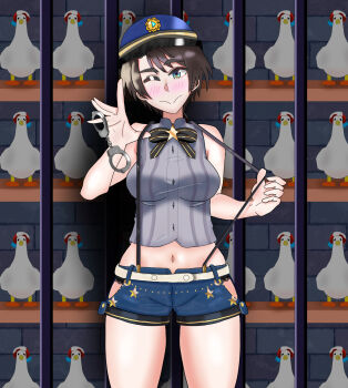 baby_animal bird black_hair boyish brown_hair cuffs duck duckling ducks eddarxart grey_shirt handcuff handcuff_dangle handcuffs hat highres hololive midriff navel one_eye_closed oozora_subaru panties panties_peek police police_hat police_uniform policewoman prison prison_cell prisoner ribbon shirt short_shorts shorts smile streamer suspenders suspenders_pull thick_thighs thighs tomboy underwear virtual_youtuber wink