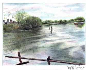 baden_hiroshi border colored_pencil_(medium) commentary_request dated day highres landscape no_humans original outdoors river scenery sky traditional_media tree water white_border