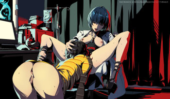 2girls ale_(ale_halexxx) all_fours anus ass blue_hair breasts breasts_out brown_hair chair clipboard collarbone computer_keyboard computer_mouse cunnilingus desk hand_on_another&#039;s_head high_heels highres intravenous_drip iv_stand jewelry kawakami_sadayo lab_coat lips looking_at_another medium_breasts microscope monitor multiple_girls nail_polish necklace nipples open_mouth oral persona persona_5 platform_heels platform_sandals purple_nails pussy pussy_juice pussy_juice_trail sandals shirt short_hair spread_legs sticky_note striped_clothes striped_shirt sweat sweatdrop takemi_tae uncensored yuri