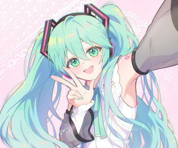 1girl aqua_eyes aqua_hair aqua_nails aqua_necktie aqua_ribbon arm_tattoo arm_up armpits blush collared_shirt commentary detached_sleeves fingernails hair_between_eyes hair_ornament hatsune_miku hatsune_miku_(nt) headphones headset highres long_hair long_sleeves looking_at_viewer nail_polish necktie number_tattoo piapro_studio ribbon ruk_(spi1116) shirt sleeveless sleeveless_shirt tattoo twintails upper_body very_long_hair vocaloid white_shirt