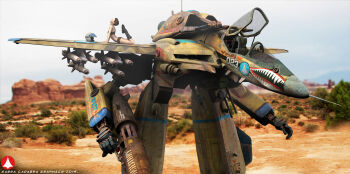 1girl 3d arched_back boots canopy choujikuu_yousai_macross commentary damaged desert dirty english_commentary fangs gerwalk gunpod helmet highres macross mecha missile missile_pod nose_art photo_background radio_antenna realistic resting robot roundel rust science_fiction shark_nose_art short_hair signature u.n._spacy variable_fighter vf-1 vf-1s wolfkroger74