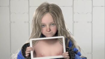 1girl 3d artist_request blonde_hair blue_eyes blue_jacket diana_(pragmata) jacket loli long_hair nipples photo_(object) pragmata smile tagme