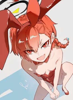 1girl ahoge animal_ear_hairband animal_ears black_nails blue_archive bow bowtie braid breasts detached_collar fake_animal_ears fang from_above grey_background hair_ornament hairband halo high_heels highres huge_ahoge kusakasato leotard leotard_peel loli medium_hair mole mole_under_each_eye mole_under_eye multiple_moles neru_(blue_archive) neru_(bunny)_(blue_archive) nipple_slip nipples open_mouth orange_hair playboy_bunny rabbit_ear_hairband rabbit_ears red_bow red_bowtie red_eyes red_hairband red_leotard red_shoes shoes side_braid skin_fang small_breasts smile solo squatting