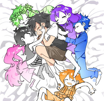 Rule 34 | 2girls, 5boys, aged down, alternate color, alternate hair color, aubrey (headspace) (omori), aubrey (omori), barefoot, basil (headspace) (omori), basil (omori), black eyes, black hair, black sweater vest, black tank top, blue hair, blush, bow, brown shorts, closed eyes, closed mouth, collared shirt, colored skin, commentary request, crying, drooling, flower wreath, green hair, green overalls, grey socks, group hug, hair behind ear, hair bow, head wreath, hero (headspace) (omori), hero (omori), hug, kel (headspace) (omori), kel (omori), kneehighs, long hair, looking at another, lying, mari (headspace) (omori), mari (omori), mettyadarumi, mouth drool, multiple boys, multiple girls, omori, omori (omori), on side, open mouth, orange hair, orange shorts, orange tank top, overall shorts, overalls, pink bow, pink hair, purple hair, shirt, short hair, short sleeves, shorts, smile, socks, striped clothes, striped shorts, sunny (omori), sweater vest, tank top, vertical-striped clothes, vertical-striped shorts, white shirt, white skin, white socks