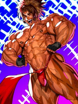 1boy abs bara blazblue bodybuilder brown_hair bulge closed_eyes clothes_lift cross_scar feet_out_of_frame flexing from_below highres large_pectorals mabataki male_focus muscular muscular_arms muscular_legs muscular_male navel nipples oiled pectoral_flexing pectorals pelvic_curtain pelvic_curtain_lift scar scar_on_face scar_on_forehead shishigami_bang solo sparkle_background stomach strongman_waist thick_eyebrows thighs topless_male veins veiny_arms veiny_crotch