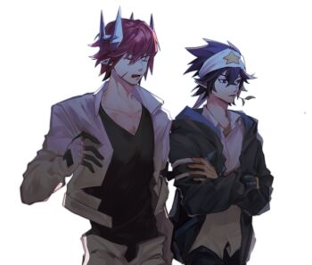 2boys aotu_world bandana black_gloves black_hair black_jacket black_pants black_shirt closed_eyes collarbone collared_shirt crossed_arms facial_scar gloves hair_between_eyes headband headgear implied_yaoi jacket long_sleeves looking_at_another looking_to_the_side male_focus mouth_hold multicolored_gloves multiple_boys open_clothes open_jacket open_mouth pants parted_lips pius_(aotu_world) pointy_ears print_headband purple_eyes purple_hair ray_(aotu_world) red_eyes red_hair scar scar_on_cheek scar_on_face shirt short_hair simple_background spiked_hair stalk_in_mouth star_(symbol) star_print upper_body v-neck white_background white_gloves white_headband white_jacket white_pants white_shirt yomoya_(shoushoushangle_woxianghuijia)