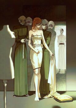 1boy 1girl 2others bare_shoulders barefoot black_hair black_robe bleach breasts cleavage collarbone dress fitting_room full_body hair_between_eyes hakama hakama_pants half_mask highres inoue_orihime jacket japanese_clothes long_hair mannequin mask medium_breasts multiple_others notebook nul orange_hair pants robe short_hair skull_mask standing strapless strapless_dress tape_measure tube_dress ulquiorra_cifer white_dress white_jacket white_pants