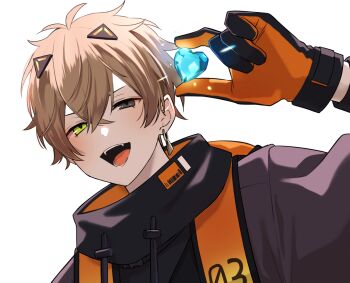 1boy alban_knox alban_knox_(1st_costume) black_gloves black_jacket brown_hair commentary_request gem gloves green_eyes grey_eyes hand_up high_collar holding holding_gem jacket looking_at_viewer male_focus multicolored_eyes nana72710193 nijisanji nijisanji_en open_mouth orange_gloves short_hair simple_background smile solo teeth tongue two-sided_gloves two-tone_eyes upper_body virtual_youtuber white_background