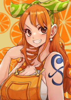 1girl aosora2823 bare_shoulders bikini bikini_under_clothes blush bow bow_hairband breasts brown_eyes cleavage commentary earrings english_commentary food fruit green_bow green_hairband grin hairband highres jewelry large_breasts long_hair looking_at_viewer mandarin_orange nami_(one_piece) official_alternate_costume one_piece one_piece:_stampede orange_hair overalls pearl_earrings shoulder_tattoo sidelocks smile solo swimsuit tattoo upper_body wavy_hair white_bikini yellow_overalls