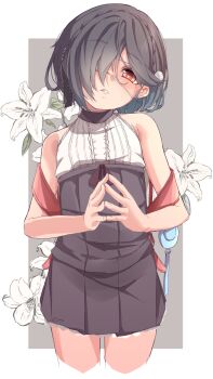 1girl backpack bag bare_shoulders blush crime_prevention_buzzer dress eyepatch flat_chest flower grey_hair hair_over_one_eye highres lily_(flower) looking_at_viewer orange_eyes original osanai_sanday own_hands_together parted_lips short_dress short_hair solo steepled_fingers white_flower