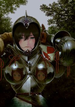 2girls absurdres age_difference animal_ears black_hair breasts brown_hair cat_ears cat_girl green_eyes highres knight large_breasts multiple_girls onee-shota open_mouth original reflection shiny_clothes turbo_engine_(rakugaki_tabo)