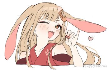 Rule 34 | 1girl, ;d, animal ears, blonde hair, brown eyes, cho kaguya-hime!, crescent, crescent hair ornament, cropped torso, fox shadow puppet, hair ornament, hand up, highres, japanese clothes, ka2chokichoki, kaguya (cho kaguya-hime!), kimono, long hair, looking at viewer, lop rabbit ears, one eye closed, open mouth, rabbit ears, red kimono, smile, solo, upper body, white background