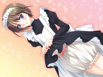 1boy age_difference antenna_hair bloomers blue_eyes blush brown_hair crossdressing embarrassed game_cg high_school_boy kuroda_akimi maid non-web_source official_art onee-shota short_hair shota skinny tsubaki_kyouya_(tsuma_shibori) tsuma_shibori tsumamigui_(series) underwear