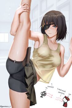 1boy 1girl armpit_focus armpits assault_rifle black_eyes black_pants black_skirt blunt_bangs breasts brown_hair closed_mouth collarbone commander_(girls'_frontline) commission dgkamikaze electric_fan eyepatch girls'_frontline griffin_&amp;_kryuger_military_uniform gun hand_on_own_thigh hat highres jacket looking_at_viewer m16 m16a1 m16a1_(girls'_frontline) multicolored_hair pants red_hat red_jacket rifle scar scar_across_eye scar_on_face skirt sleeveless split standing standing_on_one_leg standing_split sweat tank_top weapon yellow_tank_top