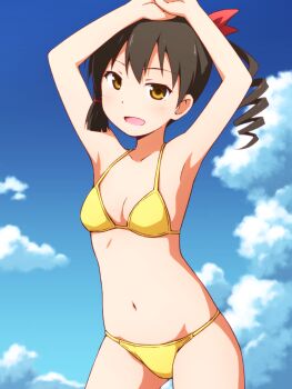 Rule 34 | 1girl, arms up, bikini, black hair, blue sky, breasts, brown eyes, cloud, cloudy sky, commentary, cowboy hat, day, drill hair, hair ribbon, halterneck, hat, highres, kobashiri yae, looking at viewer, mashita (candy apricot), medium hair, open mouth, outdoors, own hands together, red ribbon, ribbon, saki, saki (manga), saki achiga-hen, side drill, single sidelock, sky, small breasts, smile, solo, standing, string bikini, swimsuit, yellow bikini