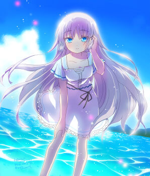 1girl absurdres blue_eyes blue_sky blunt_ends blush closed_mouth cloud collarbone colored_eyelashes commentary_request day dress eyes_visible_through_hair feet_out_of_frame floating_hair hair_behind_ear hair_between_eyes hair_ornament hairclip hand_on_own_knee hand_up highres leaning_forward long_hair looking_at_viewer naruse_shiroha ocean outdoors parallel_hairclips short_sleeves sky smile solo standing summer_pockets twitter_username very_long_hair watermark white_dress white_hair yomanakuteii_comment