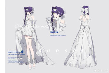 1girl absurdres arm_bow back_bow back_cutout bare_legs bow bow_earrings bow_legwear bowtie braid buttons reference_sheet chinese_commentary closed_mouth clothing_cutout collared_dress commentary_request commission cup diamond_print dot_nose double-breasted dress earrings elbow_gloves expressionless eyelashes frilled_dress frilled_gloves frills gloves gown grey_background hair_bow hair_intakes hair_over_shoulder hairband hand_on_own_chin high_collar high_heels highres holding holding_cup jewelry light_smile long_dress long_hair multiple_views open_clothes open_dress original pointy_ears purple_eyes purple_hair sample_watermark shen_a_fang shoulder_blades single_braid skirt_hold sleeveless sleeveless_dress standing striped_bow striped_bowtie striped_clothes teacup thigh_strap watermark weibo_watermark white_bow white_bowtie white_dress white_footwear white_gloves white_hairband