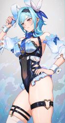 Rule 34 | 1girl, adapted costume, animal ears, bare shoulders, black hairband, blue hair, blue nails, blue necktie, breasts, commentary, covered navel, cowboy shot, detached sleeves, eula (genshin impact), fake animal ears, genshin impact, grey background, hairband, hand on own hip, hand up, highres, large breasts, leotard, nail polish, necktie, puffy short sleeves, puffy sleeves, rabbit ears, revision, shibuki kamone, short hair, short sleeves, simple background, single thighhigh, solo, standing, thigh strap, thighhighs, thighs, white thighhighs, wrist cuffs, yellow eyes