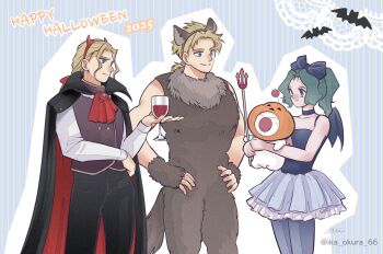 1girl 2boys animal animal_ears animal_hug ascot bare_shoulders bat_(animal) black_cape black_pants black_vest blonde_hair blue_bow blue_choker blue_dress blue_eyes blue_pants bow brooch brothers brown_fur cape choker closed_mouth cosplay cup dated demon_costume demon_horns dress drinking_glass edgar_roni_figaro facial_hair fake_animal_ears fake_horns fake_tail fake_wings final_fantasy final_fantasy_vi green_hair hair_bow hair_ribbon hands_on_own_hips happy_halloween high_collar high_ponytail holding holding_cup holding_polearm holding_weapon horns ika_okura_66 jack-o&#039;-lantern jewelry long_hair long_sleeves looking_at_another low_ponytail mog moogle multiple_boys pants polearm ponytail purple_eyes red_ascot red_ribbon ribbon sabin_rene_figaro shirt siblings smile strapless stubble tail tina_branford trident twitter_username vampire_costume vest weapon werewolf_costume white_shirt wine_glass wings