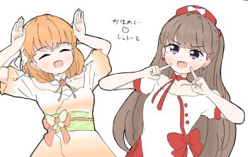 2girls :d aoku_haruka/flower bare_shoulders brown_hair commentary_request dress earrings fingers_to_cheeks fujishima_megumi gradient_clothes gradient_dress green_sash hat heart highres hinoshita_kaho jewelry link!_like!_love_live! long_hair love_live! miracreation/elegance multiple_girls obi obijime open_mouth orange_dress orange_hair puffy_short_sleeves puffy_sleeves purple_eyes rabbit_pose red_hat sash short_sleeves simple_background smile tazaki_masanobu two_side_up virtual_youtuber white_background white_dress