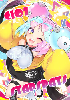 1girl breasts hisui_(stapspats) iono_(pokemon) large_breasts multicolored_hair open_mouth pokemon pokemon_sv sharp_teeth solo teeth two-tone_hair