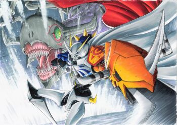 Rule 34 | arm blade, arm cannon, armagemon, cape, commentary request, digimon, digimon (creature), digimon adventure 02, digimon adventure 02: diablomon no gyakushu, green eyes, helmet, highres, horns, mecha, miura satoru, omegamon, red cape, robot, sharp teeth, sword, teeth, two-sided cape, two-sided fabric, weapon, white cape, white helmet