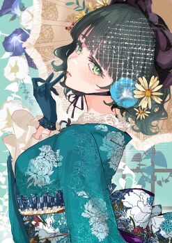 1girl absurdres blue_gloves breasts brown_umbrella commentary daisy_(flower) floral_print floral_print_kimono flower frilled_gloves frills gloves green_background green_kimono hair_flower hair_ornament highres japanese_clothes jin_(oihlf) kimono link!_like!_love_live! love_live! medium_breasts momose_ginko print_kimono short_hair solo umbrella upper_body virtual_youtuber wavy_hair yellow_flower