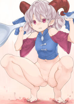 1girl barefoot blue_ribbon bottomless censored chikado cleft_of_venus clenched_teeth commentary_request curled_horns earrings grey_hair hair_between_eyes highres holding holding_spoon horn_ornament horn_ribbon horns jewelry novelty_censor pointy_ears pussy red_eyes red_horns red_sleeves ribbon sharp_teeth sheep_horns short_hair solo spoon squatting teeth tenkajin_chiyari touhou toutetsu_yuuma uncensored unfinished_dream_of_all_living_ghost