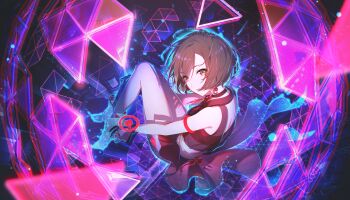 1girl black_gloves blurry boots brown_eyes brown_hair choker colorful_palette depth_of_field earrings full_body game_cg gloves headset highres jewelry kimi_to_sekai_no_hajimari_de_(project_sekai) looking_at_viewer meiko_(vocaloid) official_alternate_costume official_art parted_lips project_sekai red_choker short_hair solo third-party_source triangle vocaloid white_boots