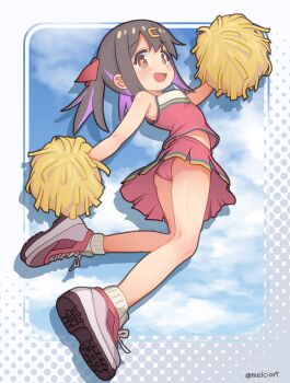1girl :d abstract_background absurdres armpits artist_name ass bare_legs bare_shoulders black_hair blush breasts brown_eyes cheerleader cloud full_body hair_ornament hair_ribbon hairclip highres holding holding_pom_poms loli long_hair looking_at_viewer medium_breasts melciort multicolored_hair onii-chan_wa_oshimai! open_mouth oyama_mihari panties pleated_skirt pom_pom_(cheerleading) pom_poms purple_hair red_panties red_ribbon red_shirt red_skirt ribbon shirt shoes skirt sky sleeveless sleeveless_shirt smile sneakers socks solo twintails two-tone_hair underwear white_socks