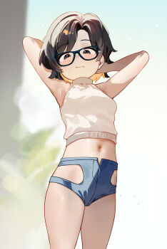 1girl armpits arms_behind_head arms_up black-framed_eyewear black_eyes black_hair blue_shorts blush breasts closed_mouth clothing_cutout cowboy_shot crop_top glasses highres hip_vent kani_fish loli looking_at_viewer midriff multicolored_hair navel original short_hair short_shorts shorts sleeveless sleeveless_turtleneck small_breasts solo standing sweater thighs turtleneck turtleneck_sweater two-tone_hair