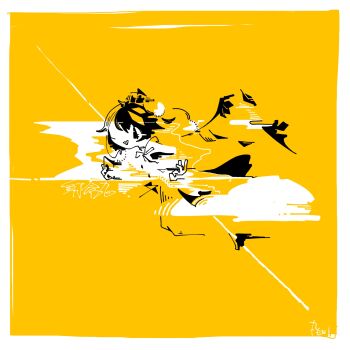 Rule 34 | 1girl, 3ma can omochi, abstract, bird wings, camera, commentary, facing viewer, full body, grin, highres, holding, holding camera, monochrome, open mouth, shameimaru aya, short hair, smile, solo, touhou, wings, yellow background, yellow theme