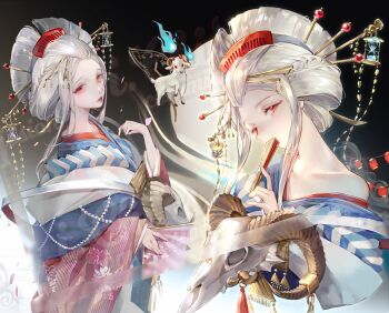 1girl commentary_request commission folding_fan hair_ornament hair_stick hand_fan holding holding_fan i.chi japanese_clothes kimono looking_at_viewer makeup multiple_views original red_eyes sensitive white_hair