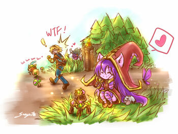! 1girl 2boys animal_ears bad_id bad_pixiv_id dr._mundo ezreal feathers goggles grass hat heart horns league_of_legends lulu_(league_of_legends) multiple_boys mushroom pix_(league_of_legends) poro_(league_of_legends) purple_hair sleeping striped_clothes striped_legwear striped_thighhighs sueyen syringe teemo thighhighs tongue tree yordle