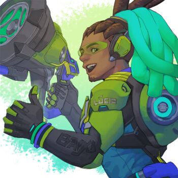 1boy absurdres aqua_hair beard black_gloves body_armor brown_eyes brown_hair character_name chinstrap_beard dark-skinned_male dark_skin dreadlocks facial_hair gloves green_visor gun highres holding holding_gun holding_weapon looking_at_viewer lucio_(overwatch) male_focus min_gal_77 open_mouth overwatch ponytail smile solo thumbs_up upper_body weapon
