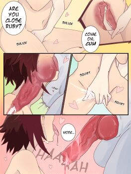 animal_penis beowolf_(rwby) blue_eyes breasts brown_hair crying cum deepthroat fellatio female_ejaculation ffm_threesome fingering grey_eyes grimm_(rwby) group_sex heart heart-shaped_pupils highres knotted_penis medium_breasts oral penis ruby_rose rwby symbol-shaped_pupils threesome weiss_schnee white_hair