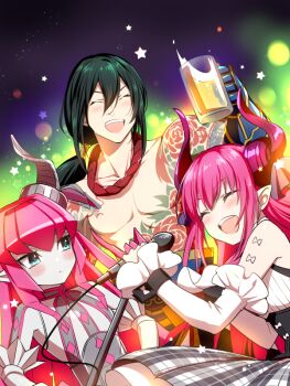 1boy 2girls 7dango7 alcohol bare_shoulders beer beer_mug black_hair blue_eyes blush breasts chest_tattoo closed_eyes collar corset cup curled_horns detached_sleeves dragon_girl dragon_horns elizabeth_bathory_(fate) elizabeth_bathory_(second_ascension)_(fate) fate/grand_order fate_(series) flower_tattoo frilled_collar frills gauntlets grey_skirt hair_between_eyes hair_ribbon horns layered_skirt long_hair mecha_eli-chan_(fate) microphone mug multiple_girls open_mouth pink_hair plaid_clothes plaid_skirt pointy_ears ponytail red_scarf ribbed_shirt ribbon robot_girl scarf shirt skirt sleeveless sleeveless_shirt small_breasts smile tattoo topless_male two_side_up white_shirt white_skirt yan_qing_(fate)