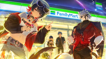 2boys 2girls ahoge alternate_costume animal_ears bag bangboo_(zenless_zone_zero) belle_(zenless_zone_zero) bicep_strap black_coat black_hair black_jacket black_shirt black_thighhighs black_tube_top blue_hair blue_jacket blue_pants body_fur breasts butler_(zenless_zone_zero) candy cleavage_cutout clothing_cutout coat coat_on_shoulders collar colored_tips commentary_request crop_top crossed_bangs cup ellen_joe familymart fingernails food furry furry_male green_eyes grey_hair guest_art hair_between_eyes half-closed_eyes hand_in_pocket headphones headphones_around_neck highres holding holding_bag holding_candy holding_cup holding_food holding_lollipop hollow_(zenless_zone_zero) jacket jewelry large_breasts lollipop looking_at_another looking_at_viewer midriff mole mole_under_eye multicolored_hair multiple_boys multiple_girls multiple_rings muzzle_(mask) navel necklace open_clothes pants pointing red_eyes red_nails red_shirt ring shirt shopping_bag short_hair single_thighhigh spiked_collar spikes strapless sunglasses tail tail_belt thighhighs tomanattsu torn_clothes torn_tube_top tube_top unworn_eyewear von_lycaon white_fur white_hair white_shirt wise_(zenless_zone_zero) wolf_boy wolf_ears wolf_tail zenless_zone_zero